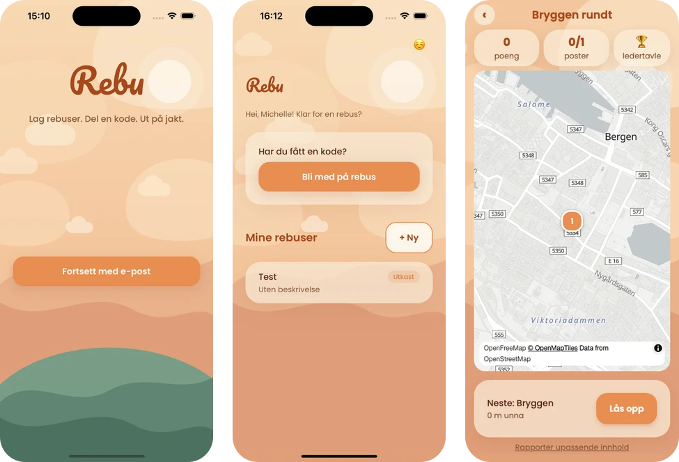 Rebus-appen vist på tre mobilskjermer: innlogging, hjem og kart med poster