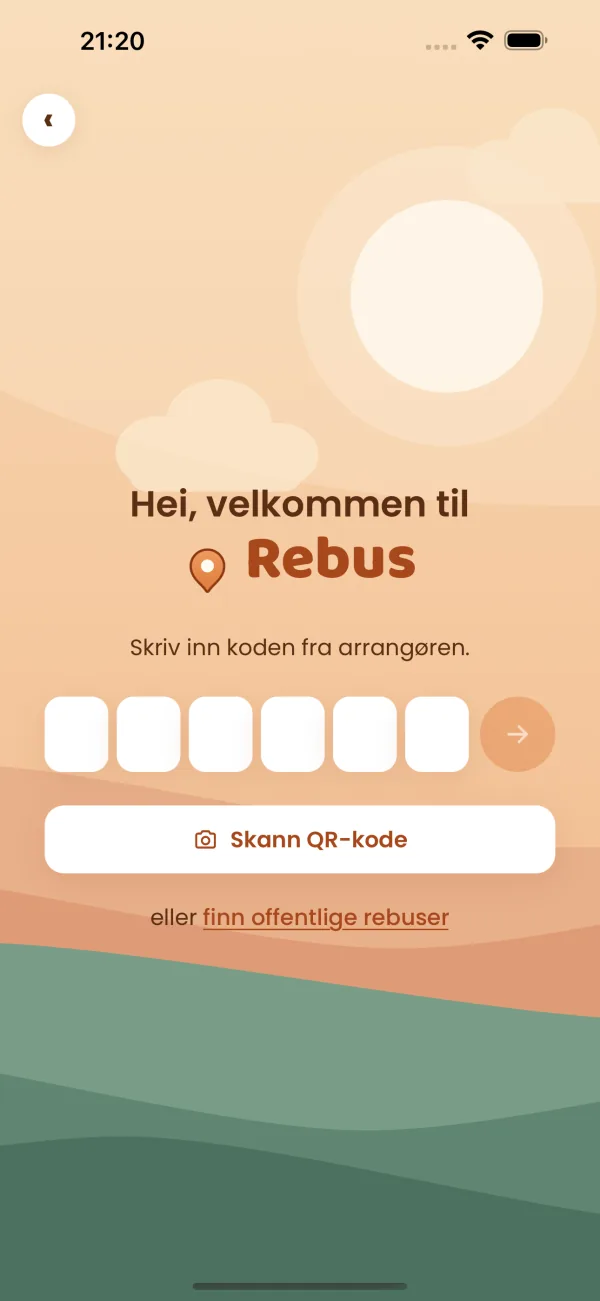 Rebus-appen: skjerm for å skrive inn koden fra arrangøren